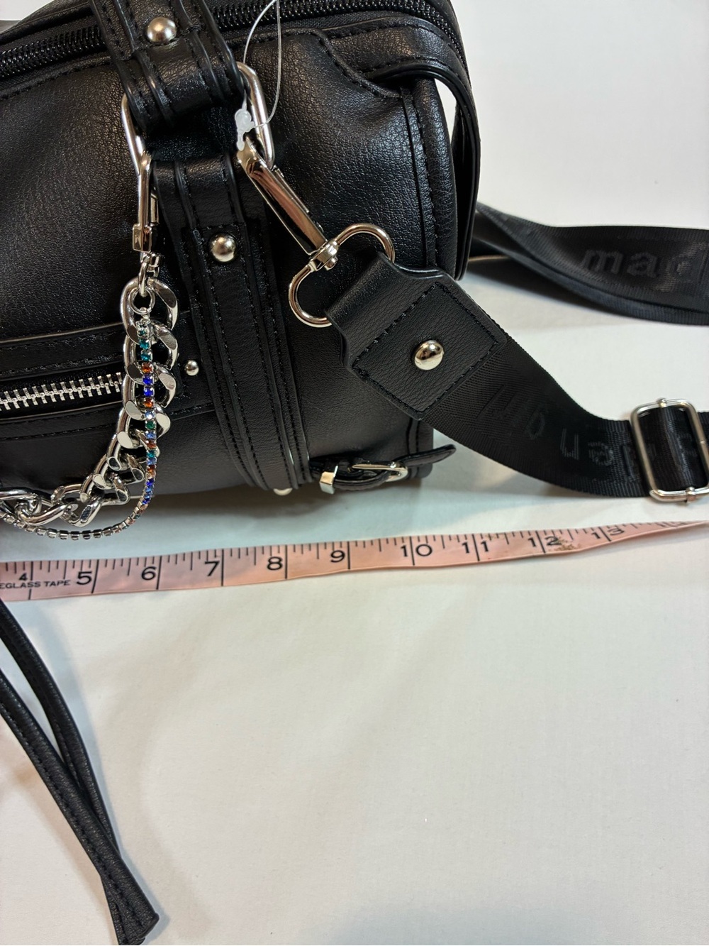 Madden Girl Black Faux-Leather Crossbody Satchel with Chain & Tassels - Picture 11 of 12